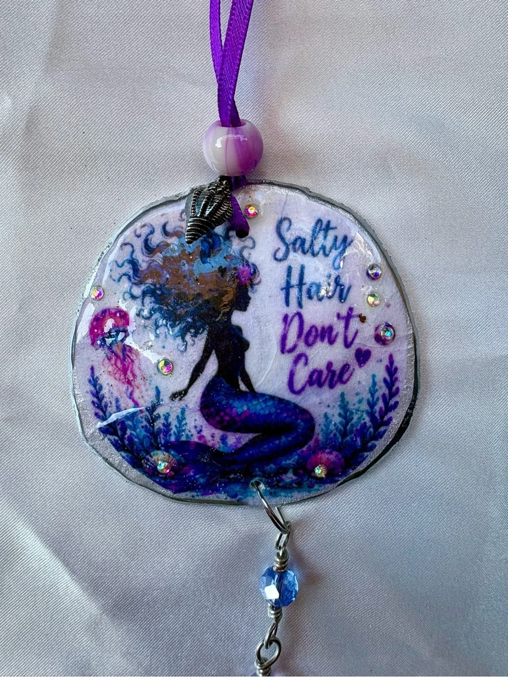 Decoupage Mermaid 'Salty Hair Don't Care' Purple Crystal Sand Dollar Suncatcher